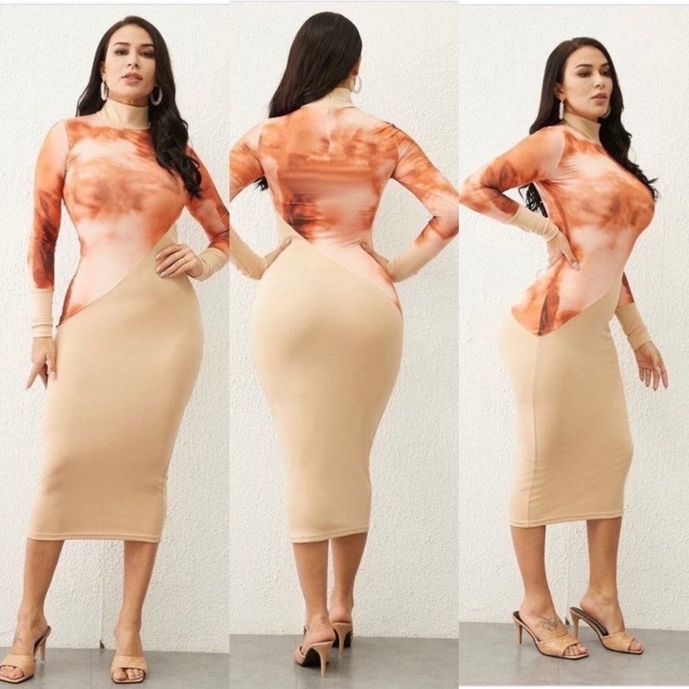 Taj Mahal color patchwork mock neck bodycon dress - Picture 2 of 2